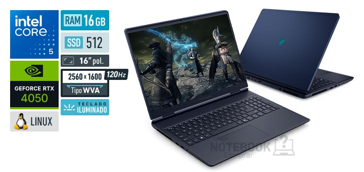 Dell Alienware 16 Aurora AC16-C5210H-U20 Core 5-210H Serie 2 GeForce RTX 4050 Linux RAM 16 GB SSD 512 GB Tela LED 16 polegadas 2560 x 1600 px WVA 120 Hz Teclado iluminado Garantia 1 ano