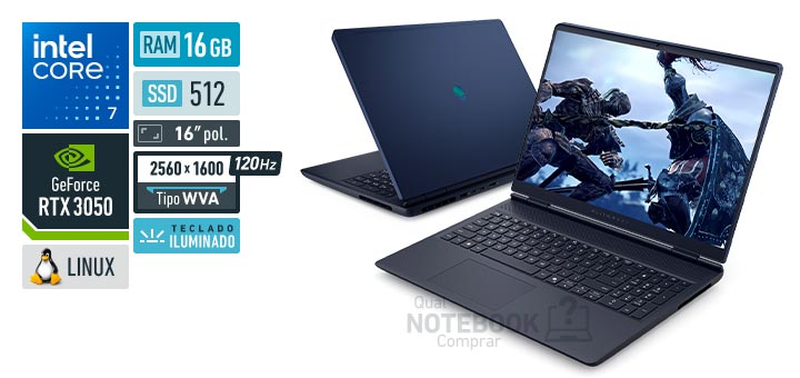 Dell Alienware 16 Aurora AC16-C7240H-D30 Core 7-240H Serie 2 GeForce RTX 3050 Linux RAM 16 GB SSD 512 GB Tela LED 16 polegadas 2560 x 1600 px WVA 120 Hz Teclado iluminado
