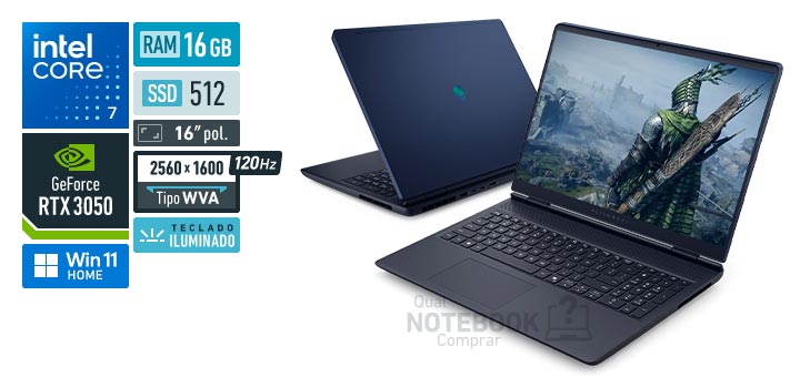 Dell Alienware 16 Aurora AC16-C7240H-M30 Core 7-240H Serie 2 GeForce RTX 3050 Windows 11 Home RAM 16 GB SSD 512 GB Tela LED 16 polegadas 2560 x 1600 px WVA 120 Hz Teclado iluminado
