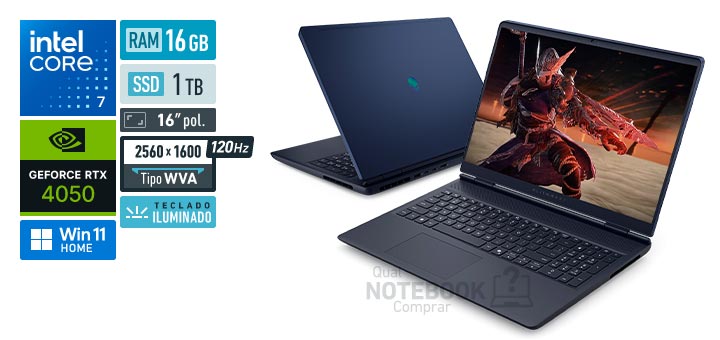 Dell Alienware 16 Aurora AC16-C7240H-M40 Core 7-240H Serie 2 GeForce RTX 4050 Windows 11 Home RAM 16 GB SSD 1 TB Tela LED 16 polegadas 2560 x 1600 px WVA 120 Hz Teclado iluminado