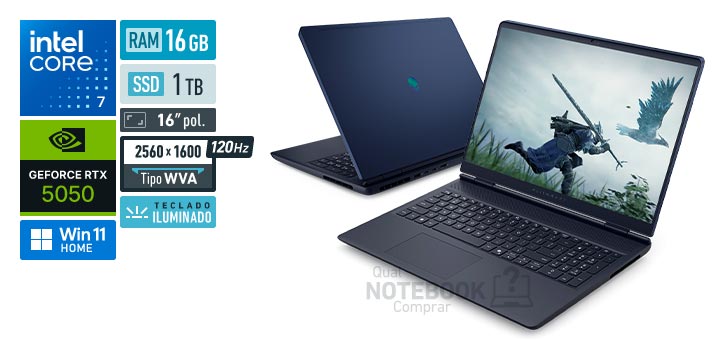 Dell Alienware 16 Aurora AC16-C7240H-M50 Core 7-240H Serie 2 GeForce RTX 5050 Windows 11 Home RAM 16 GB SSD 1 TB Tela LED 16 polegadas 2560 x 1600 px WVA 120 Hz Teclado iluminado