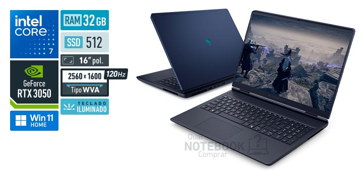 Dell Alienware 16 Aurora AC16-C7240H-M60 Core 7-240H Serie 2 GeForce RTX 3050 Windows 11 Home RAM 32 GB SSD 512 GB Tela LED 16 polegadas 2560 x 1600 px WVA 120 Hz Teclado iluminado