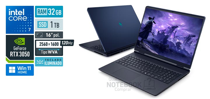 Dell Alienware 16 Aurora AC16-C7240H-M70 Core 7-240H Serie 2 GeForce RTX 3050 Windows 11 Home RAM 32 GB SSD 1 TB Tela LED 16 polegadas 2560 x 1600 px WVA 120 Hz Teclado iluminado