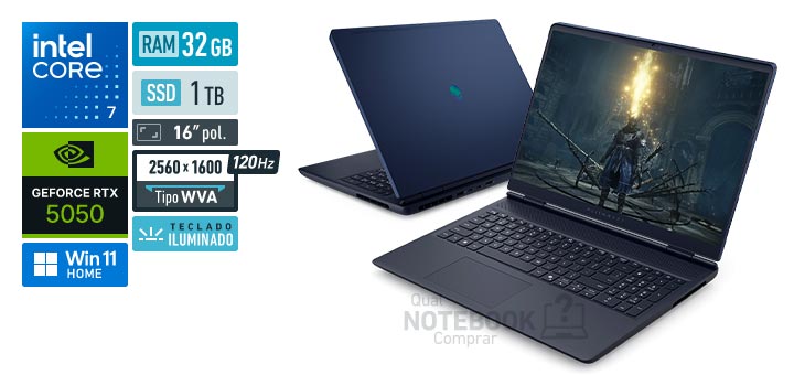 Dell Alienware 16 Aurora AC16-C7240H-M90 Core 7-240H Serie 2 GeForce RTX 5050 Windows 11 Home RAM 32 GB SSD 1 TB Tela LED 16 polegadas 2560 x 1600 px WVA 120 Hz Teclado iluminado