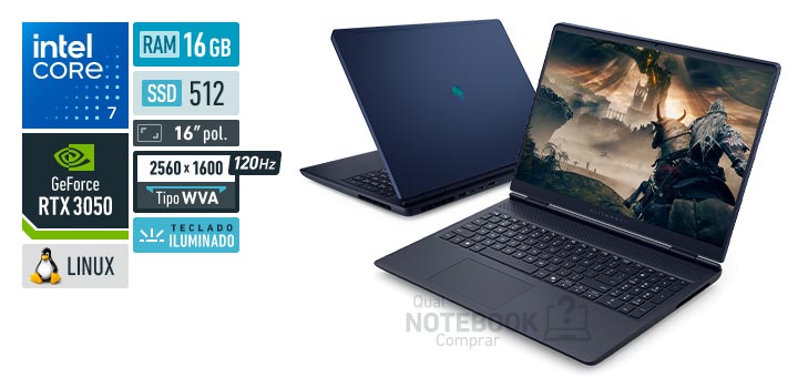 Dell Alienware 16 Aurora AC16-C7240H-U30 Core 7-240H Serie 2 GeForce RTX 3050 Linux RAM 16 GB SSD 512 GB Tela LED 16 polegadas 2560 x 1600 px WVA 120 Hz Teclado iluminado