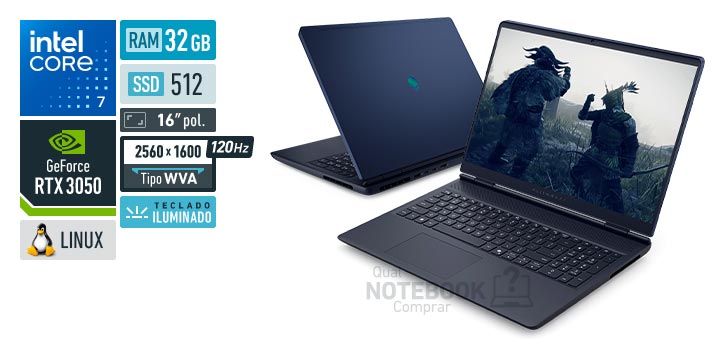 Dell Alienware 16 Aurora AC16-C7240H-U60 Core 7-240H Serie 2 GeForce RTX 3050 Linux RAM 32 GB SSD 512 GB Tela LED 16 polegadas 2560 x 1600 px WVA 120 Hz Teclado iluminado