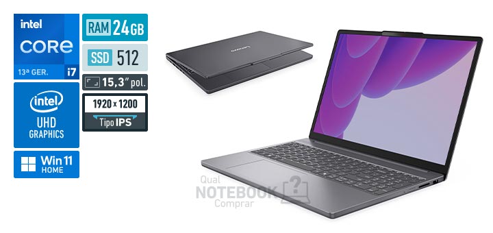 Lenovo IdeaPad Slim 3i 83NS0008BR Core i7-13620H 13a geracao UHD Graphics 64 EUs Windows 11 Home RAM 24 GB SSD 512 GB Tela LED 15-3 polegadas WUXGA IPS Garantia 1 ano