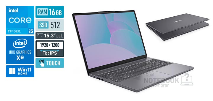 Lenovo IdeaPad Slim 3i 83NS000BBR Core i5-13420H 13a geracao UHD Graphics Xe G4 48 EUs Windows 11 Home RAM 16 GB SSD 512 GB Tela LED 15-3 polegadas touch WUXGA IPS Garantia 1 ano