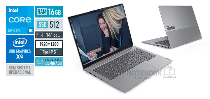Lenovo ThinkBook 14 21NQA07EBR Core i5-13420H 13a geracao UHD Graphics Xe G4 48 EUs Sem sistema operacional RAM 16 GB SSD 512 GB Tela LED 14 polegadas WUXGA IPS Teclado iluminado
