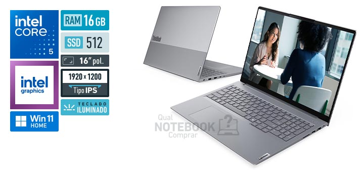 Lenovo ThinkBook 16 21TW0004BO Core 5-210H Serie 2 Graphics 48 EUs Windows 11 Home RAM 16 GB SSD 512 GB Tela LED 16 polegadas WUXGA IPS Teclado iluminado Garantia 1 ano
