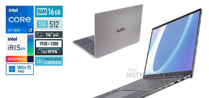 Avell B.On 147 AVNB25090214 Core i7-1255U 12a geracao Iris Xe Graphics G7 96 EUs Windows 11 Pro RAM 16 GB SSD 512 GB Tela LED 14 polegadas WUXGA WVA Teclado iluminado Garantia 1 ano