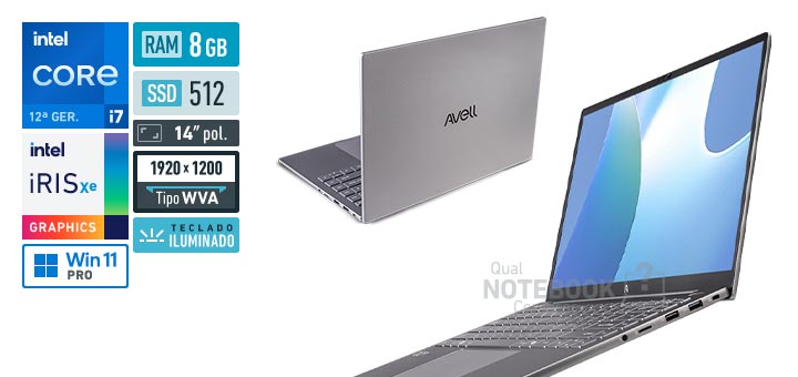 Avell BOn 147 AVNB25090193 Core i7-1255U 12a geracao Iris Xe Graphics G7 96 EUs Windows 11 Pro RAM 8 GB SSD 512 GB Tela LED 14 polegadas WUXGA WVA Teclado iluminado Garantia 1 ano