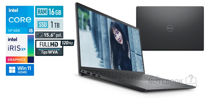 Dell Inspiron i15-i1300-A60P Core i5-1334U 13a geracao Iris Xe Graphics G7 80 EUs Windows 11 Home RAM 16 GB SSD 1 TB Tela LED 15-6 polegadas Full HD WVA 120 Hz Garantia 1 ano