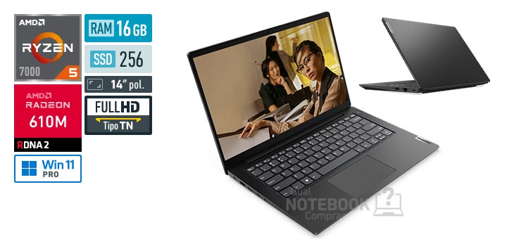 Lenovo V14 83GE000BBR Ryzen 5 7520U Serie 7000 Radeon 610M Windows 11 Pro RAM 16 GB SSD 256 GB Tela LED 14 polegadas Full HD TN Garantia 1 ano