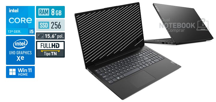 Lenovo V15 83GL000RBR Core i5-13420H 13a geracao UHD Graphics Xe G4 48 EUs Windows 11 Home RAM 8 GB SSD 256 GB Tela LED 15-6 polegadas Full HD TN Garantia 1 ano