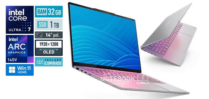Lenovo Yoga Slim 7i 83NM0000BO Core Ultra 7-258V Serie 2 Arc Graphics 140V Windows 11 Home RAM 32 GB SSD 1 TB Tela OLED 14 polegadas WUXGA Teclado iluminado Garantia 1 ano