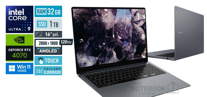 Samsung Galaxy Book4 Ultra NP960XGL-YG1BR Core Ultra 9-185H Serie 1 GeForce RTX 4070 Windows 11 Home RAM 32 GB SSD 1 TB Tela AMOLED 16 polegadas touch 2880 x 1800 px 120 Hz Teclado iluminado