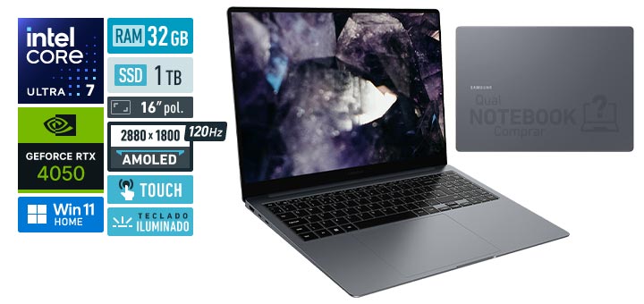 Samsung Galaxy Book4 Ultra NP960XGL-YG2BR Core Ultra 7-155H Serie 1 GeForce RTX 4050 Windows 11 Home RAM 32 GB SSD 1 TB Tela AMOLED 16 polegadas touch 2880 x 1800 px 120 Hz Teclado iluminado