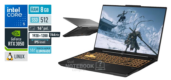ASUS TUF Gaming F16 FX607VJ-RL002 Core 5-210H Serie 2 GeForce RTX 3050 Linux RAM 8 GB SSD 512 GB Tela LED 16 polegadas WUXGA IPS-level 144 Hz Teclado iluminado Garantia 1 ano