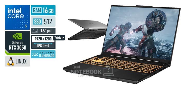 ASUS TUF Gaming F16 FX607VJ-RL015 Core 5-210H Serie 2 GeForce RTX 3050 Linux RAM 16 GB SSD 512 GB Tela LED 16 polegadas WUXGA IPS-level 144 Hz Teclado iluminado Garantia 1 ano