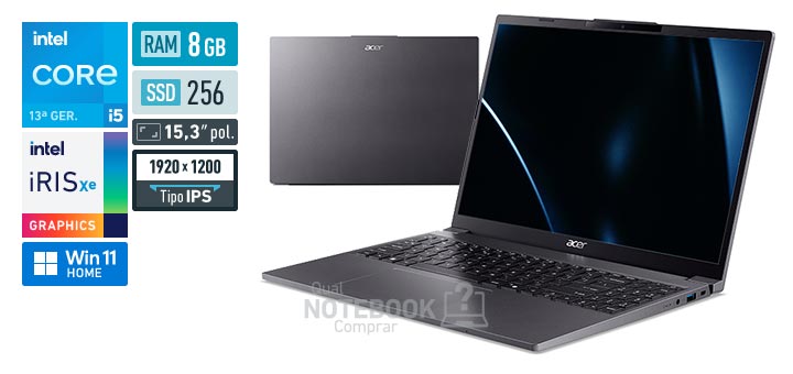 Acer Aspire Go 15 AG15-51P-50G2 Core i5-1334U 13a geracao Iris Xe Graphics G7 80 EUs Windows 11 Home RAM 8 GB SSD 256 GB Tela LED 15-3 polegadas WUXGA IPS Garantia 1 ano