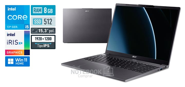 Acer Aspire Go 15 AG15-51P-55C8 Core i5-1334U 13a geracao Iris Xe Graphics G7 80 EUs Windows 11 Home RAM 8 GB SSD 512 GB Tela LED 15-3 polegadas WUXGA IPS Garantia 1 ano