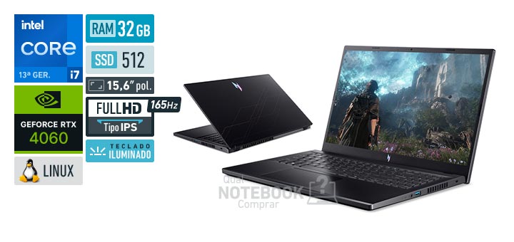 Acer Aspire Nitro V15 ANV15-52-76NP Core i7-13620H 13a geracao GeForce RTX 4060 Linux RAM 32 GB SSD 512 GB Tela LED 15-6 polegadas Full HD IPS 165 Hz Teclado iluminado Garantia 1 ano