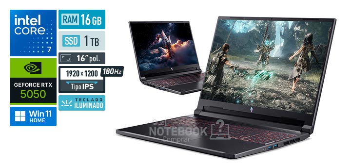 Acer Aspire Nitro V16 ANV16-72-70X9 Core 7-240H Serie 2 GeForce RTX 5050 Windows 11 Home RAM 16 GB SSD 1 TB Tela LED 16 polegadas WUXGA IPS 180 Hz Teclado iluminado Garantia 1 ano