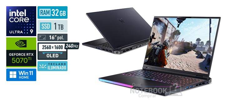 Acer Predator Helios 16 PH16-73-93RS Core Ultra 9-275HX Serie 2 GeForce RTX 5070 Ti Windows 11 Home RAM 32 GB SSD 1 TB Tela OLED 16 polegadas 2560 x 1600 px 240 Hz Teclado iluminado