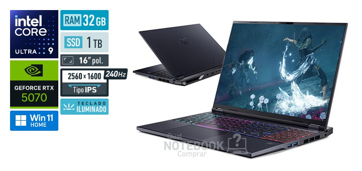 Acer Predator Helios Neo PHN16-73-96SW Core Ultra 9-275HX Serie 2 GeForce RTX 5070 Windows 11 Home RAM 32 GB SSD 1 TB Tela LED 16 polegadas 2560 x 1600 px IPS 240 Hz Teclado iluminado