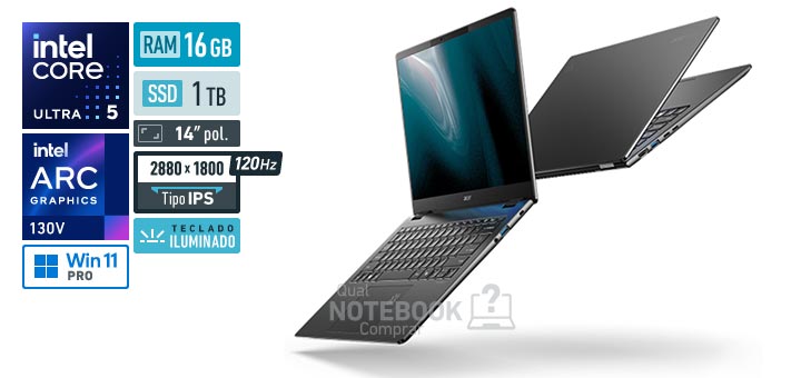Acer TravelMate P6 14 TMP614-54-56PB Core Ultra 5-226V Serie 2 Arc Graphics 130V Windows 11 Pro RAM 16 GB SSD 1 TB Tela LED 14 polegadas 2880 x 1800 px IPS 120 Hz Teclado iluminado