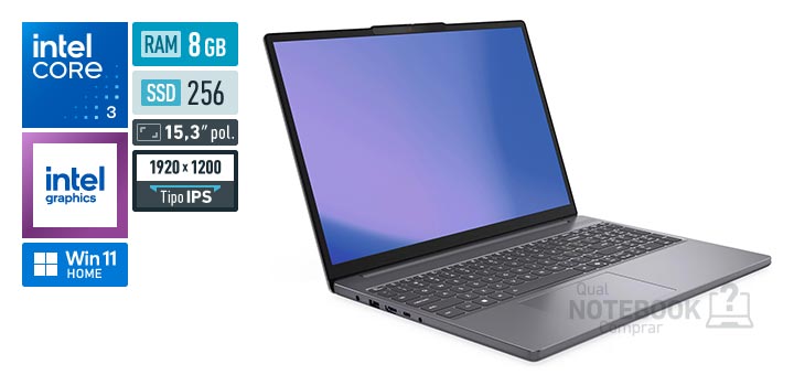 Lenovo IdeaPad Slim 3 83NU0000BR Core 3-100U Serie 1 Graphics 64 EUs Windows 11 Home RAM 8 GB SSD 256 GB Tela LED 15-3 polegadas WUXGA IPS Garantia 1 ano