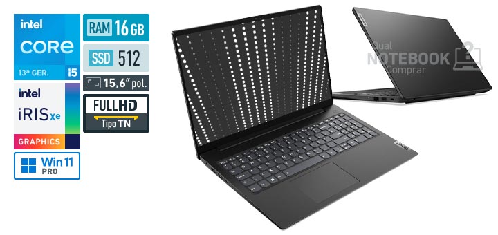 Lenovo V15 83GL0002BR Core i5-1335U 13a geracao Iris Xe Graphics G7 80 EUs Windows 11 Pro RAM 16 GB SSD 512 GB Tela LED 15-6 polegadas Full HD TN Garantia 1 ano