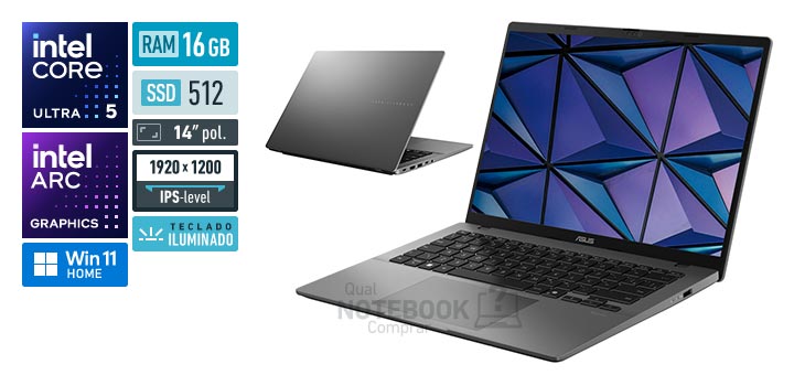 ASUS VivoBook S14 S3407CA-LY113W Core Ultra 5-225H Serie 2 Arc Graphics 130T Windows 11 Home RAM 16 GB SSD 512 GB Tela LED 14 polegadas WUXGA IPS-level Teclado iluminado