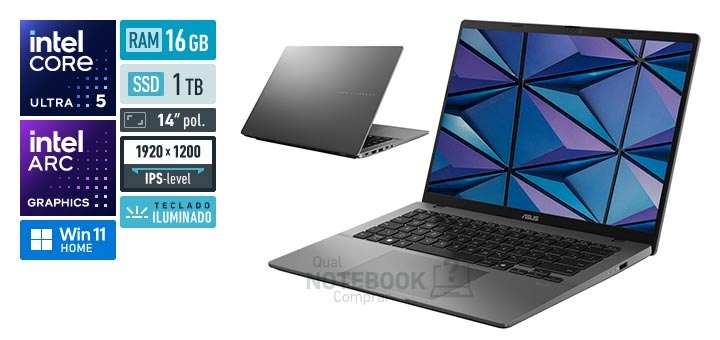 ASUS VivoBook S14 S3407CA-LY114W Core Ultra 5-225H Serie 2 Arc Graphics 130T Windows 11 Home RAM 16 GB SSD 1 TB Tela LED 14 polegadas WUXGA IPS-level Teclado iluminado
