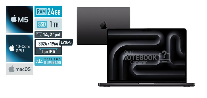 Apple MacBook Pro MDE34BZ-A M5 10-Core M5 10-Core GPU M5 macOS RAM 24 GB SSD 1 TB Tela MiniLED 14-2 polegadas 3024 x 1964 px IPS 120 Hz Teclado iluminado