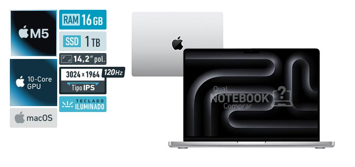 Apple MacBook Pro MDE54BZ-A M5 10-Core M5 10-Core GPU M5 macOS RAM 16 GB SSD 1 TB Tela MiniLED 14-2 polegadas 3024 x 1964 px IPS 120 Hz Teclado iluminado