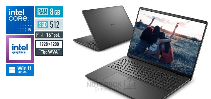 Dell 16 DC16-C5120U-M10 Core 5-120U Serie 1 Graphics 80 EUs Windows 11 Home RAM 8 GB SSD 512 GB Tela LED 16 polegadas WUXGA WVA Garantia 1 ano