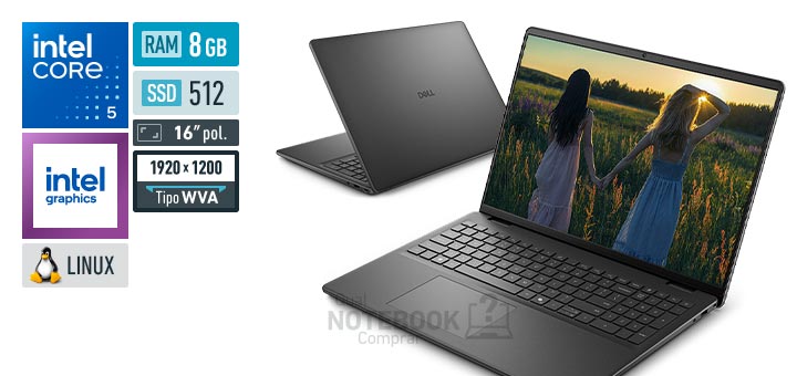 Dell 16 DC16-C5120U-U10 Core 5-120U Serie 1 Graphics 80 EUs Linux RAM 8 GB SSD 512 GB Tela LED 16 polegadas WUXGA WVA Garantia 1 ano