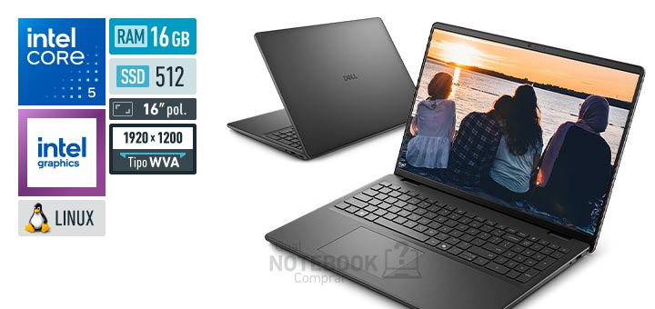Dell 16 DC16-C5120U-U20 Core 5-120U Serie 1 Graphics 80 EUs Linux RAM 16 GB SSD 512 GB Tela LED 16 polegadas WUXGA WVA Garantia 1 ano