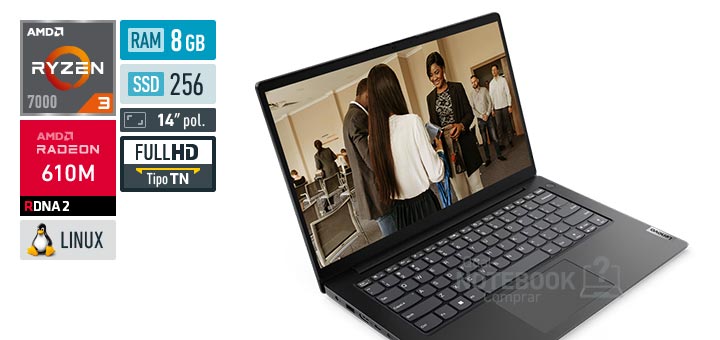 Lenovo V14 83GES00300 Ryzen 3 7320U Serie 7000 Radeon 610M Linux RAM 8 GB SSD 256 GB Tela LED 14 polegadas Full HD TN Garantia 1 ano