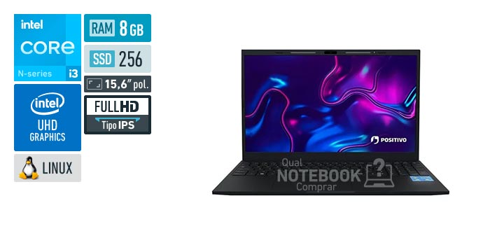 Positivo Vision i15M 3003117 Core i3-N300 N-series UHD Graphics Xe 750 32 EUs Linux RAM 8 GB SSD 256 GB Tela LED 15-6 polegadas Full HD IPS Minitela integrada IPS Lumina Bar