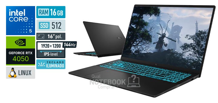 ASUS Gaming V16 V3607VU-RP354 Core 5-210H Serie 2 GeForce RTX 4050 Linux RAM 16 GB SSD 512 GB Tela LED 16 polegadas WUXGA IPS-level 144 Hz Teclado iluminado Garantia 1 ano