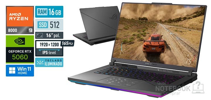 ASUS ROG Strix G16 G614PM-RV108W Ryzen 9 8940HX Serie 8000 GeForce RTX 5060 Windows 11 Home RAM 16 GB SSD 512 GB Tela LED 16 polegadas WUXGA IPS-level 165 Hz Teclado iluminado
