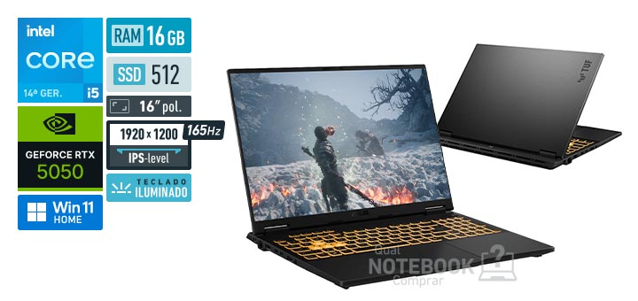 ASUS TUF Gaming F16 FX608JHR-RV122W Core i5-14450HX 14a geracao GeForce RTX 5050 Windows 11 Home RAM 16 GB SSD 512 GB Tela LED 16 polegadas WUXGA IPS-level 165 Hz Teclado iluminado