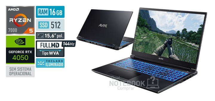 Avell Ion A50 MN000130 Ryzen 5 7640HS Serie 7000 GeForce RTX 4050 Sem sistema operacional RAM 16 GB SSD 512 GB Tela LED 15-6 polegadas Full HD WVA 144 Hz Teclado iluminado Garantia 1 ano