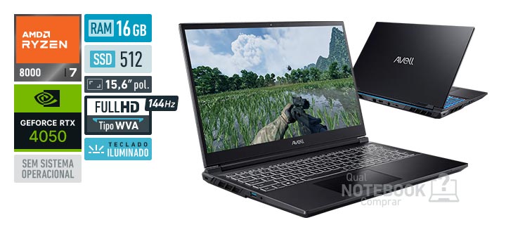 Avell Ion A50 MN000131 Ryzen 7 8745HS Serie 8000 GeForce RTX 4050 Sem sistema operacional RAM 16 GB SSD 512 GB Tela LED 15-6 polegadas Full HD WVA 144 Hz Teclado iluminado Garantia 1 ano
