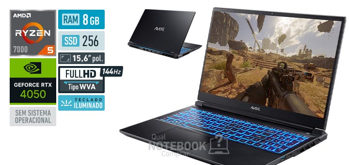Avell Storm 450 MN000138 Ryzen 5 7640HS Serie 7000 GeForce RTX 4050 Sem sistema operacional RAM 8 GB SSD 256 GB Tela LED 15-6 polegadas Full HD WVA 144 Hz Teclado iluminado Garantia 1 ano