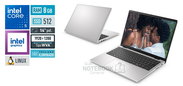 Dell 14 DC14-C5120U-U10 Core 5-120U Serie 1 Graphics 80 EUs Linux RAM 8 GB SSD 512 GB Tela LED 14 polegadas WUXGA WVA Teclado iluminado Garantia 1 ano