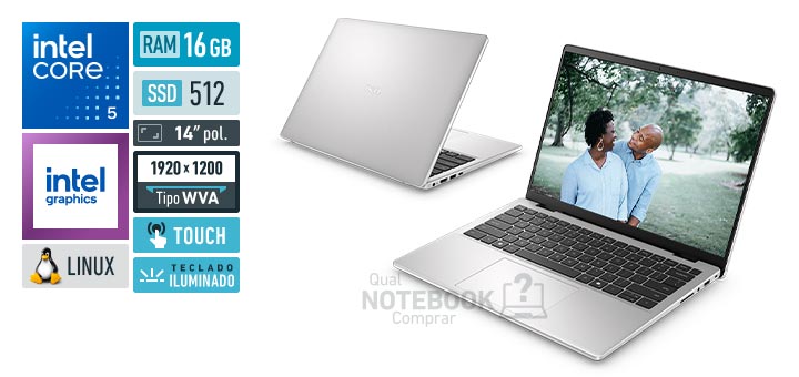 Dell 14 DC14-C5120U-U20 Core 5-120U Serie 1 Graphics 80 EUs Linux RAM 16 GB SSD 512 GB Tela LED 14 polegadas touch WUXGA WVA Teclado iluminado Garantia 1 ano